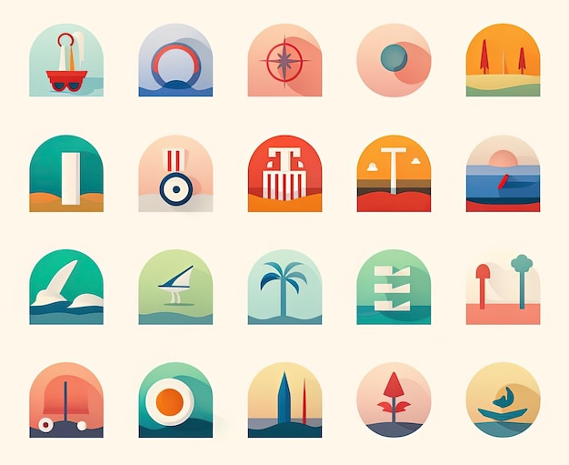 beach icons set with colorful sand in the style of emphasis on negative space