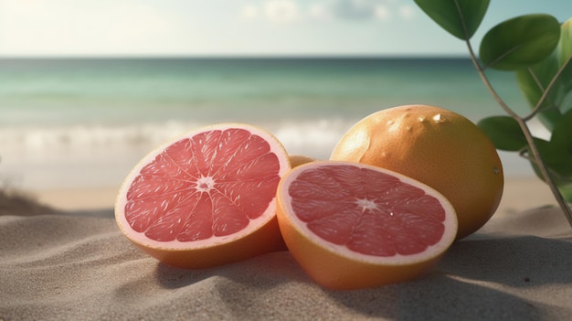 鮮やかなグレープフルーツを紹介するビーチのイラスト Generative AI