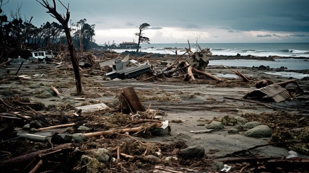 A beach is covered in debris and debris.