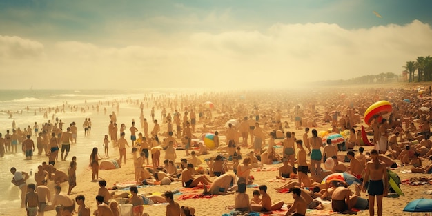 Пляж переполнен людьми, и найти удобное место для отдыха сложно AI Generative AI