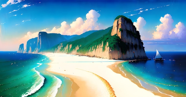 Пляж Пейзаж Панорамное Настенное Искусство Цифровой Сгенерированный AI красивый баннер