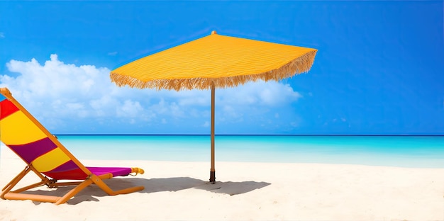 Пляжный пейзаж Белый песчаный пляж с шезлонгом и зонтиком