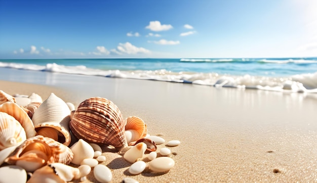 Beach landscape with shells and conches Summer background with sea sky and sand