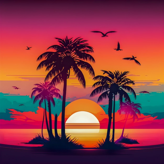 Beach landscape with sunrise retro illustration