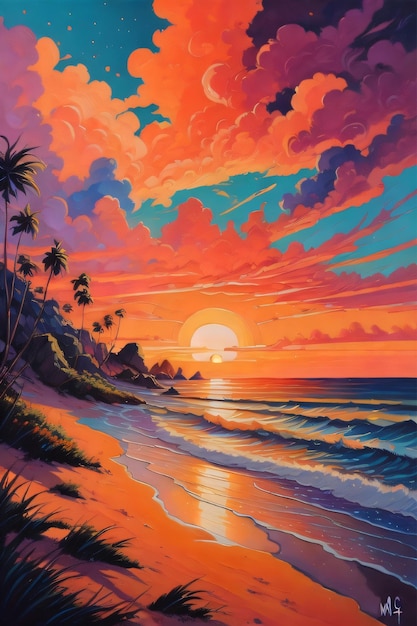 Beach landscape with sunset view generative ai