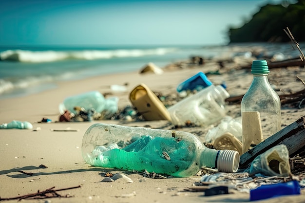 Beach littered with plastic bottles and other waste with clear blue water in the background