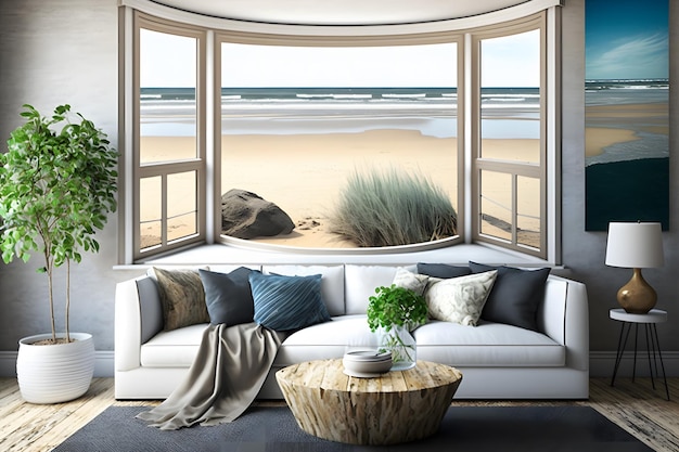 Пляжная жизнь в интерьере с видом на море с большими окнами Сгенерирована нейронная сеть AI