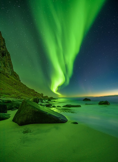 Beach in the Lofoten islands in Norway with northern lights