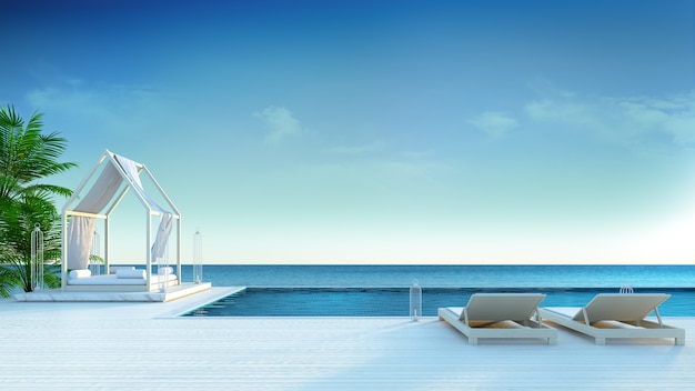 Beach lounge ,sun loungers on Sunbathing deck and private swimming pool at luxury villa/3d