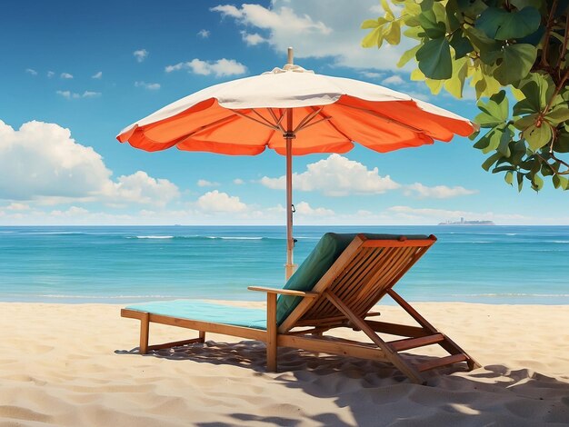 Beach loungers under a parasol by the sea