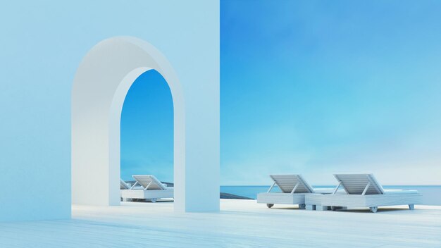 Foto terrazza lounge di lusso sulla spiaggia con vista sul mare rendering 3d in stile isola di santorini