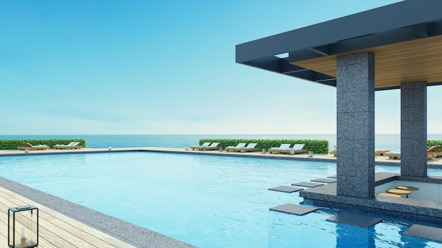 Photo beach luxury pool bar resort sea view - 3d rendering