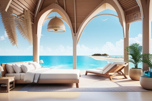 Beach luxury villa hotel ocean sky 3d rendering