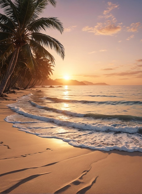 Макет пляжа на заднем плане пляж с пальмами и закатом солнца