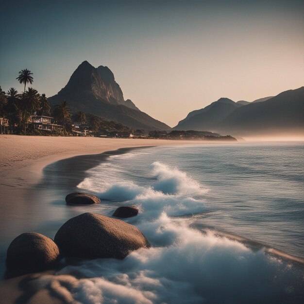 Beach and mountain within the beautiful sky wallpaper