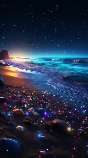 Premium AI Image | The beach at night is a painting by person.