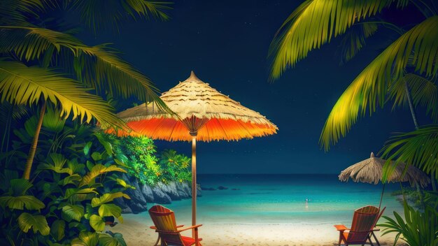 A beach at night with a beach umbrella and palm trees.