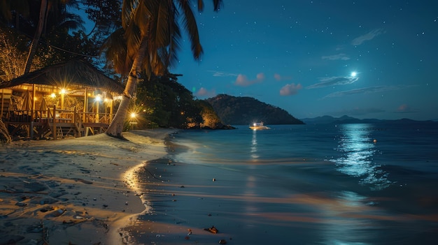 Photo a beach at night with a boat on the water