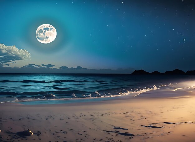 Photo beach at night with a full moon in the sky