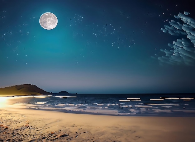 Photo beach at night with a full moon in the sky