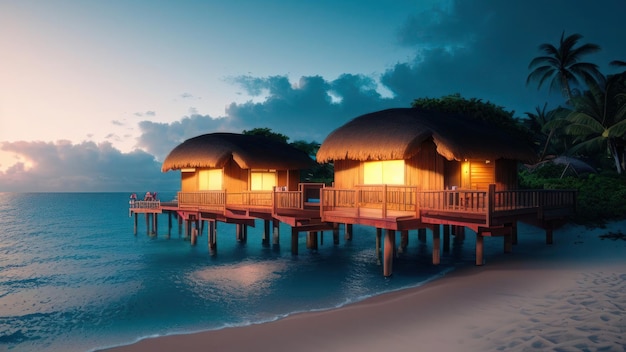 A beach at night with a house on it