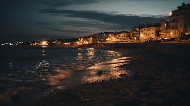 A beach at night with lights on and a boat in the distance