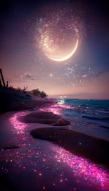 Beach at night with the moon in the sky generative ai