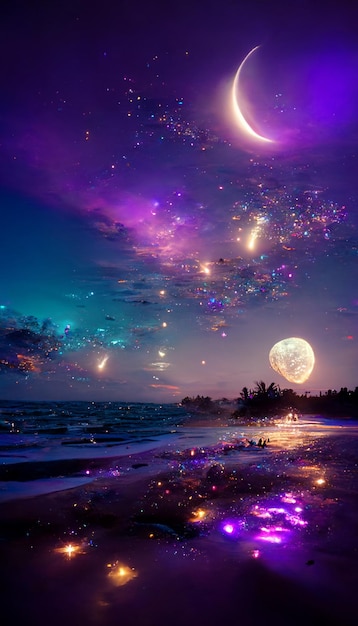 Beach at night with the moon and stars in the sky generative ai