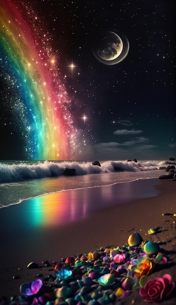 Beach at night with a rainbow in the sky generative ai