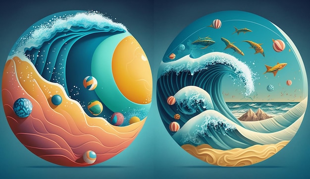 Beach and ocean themes with illustrations of waves Generative AI