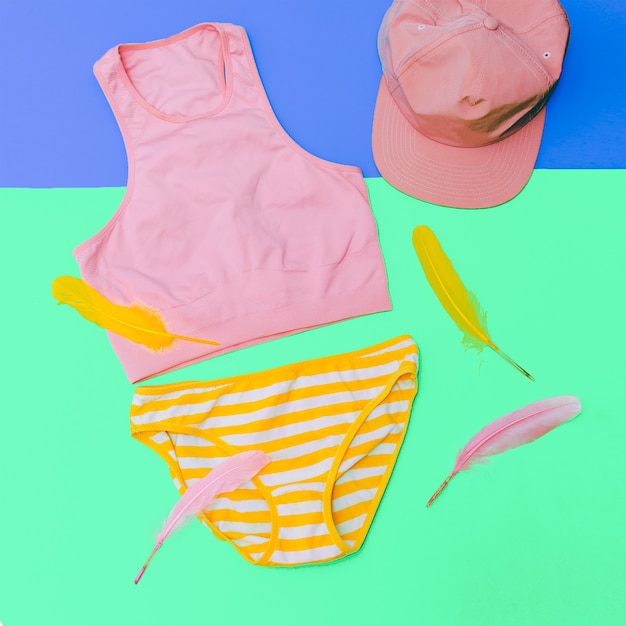 Photo beach outfit. panties and tops. cap. bright summer style