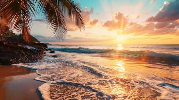 пляж и пальма на море с красивым небесным фоном