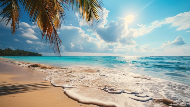 пляж и пальма на море с красивым небесным фоном