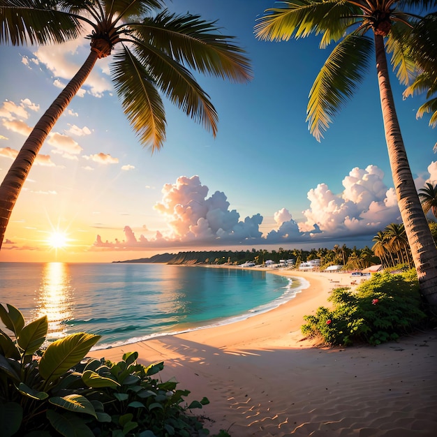 beach among the palm trees genereted by AI