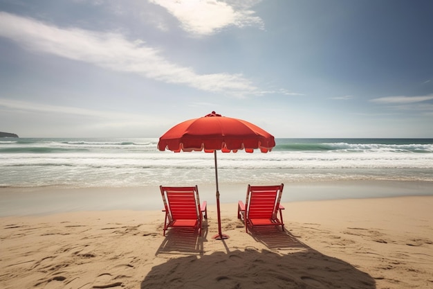 Beach parasol and red beach chairs on a shore