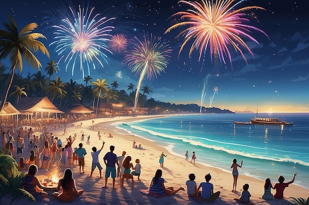 Beach Party Bliss Vuurwerk verlicht de nachtelijke hemel
