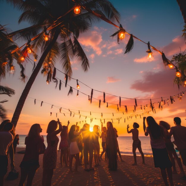 Foto una festa in spiaggia con palme e ghirlande di lampadine che inquadrano la scena