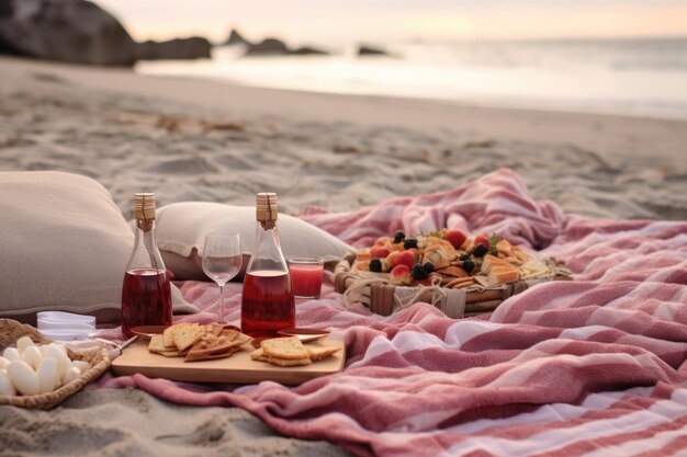 Beach picnic setup with sangria snacks and blanket created with generative ai