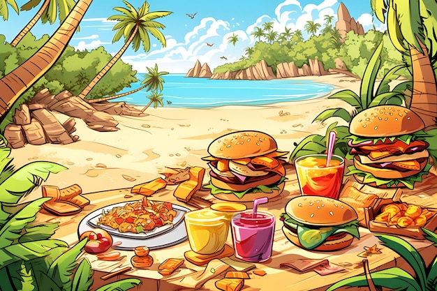Beach Picnic Spread of food and drinks on a beach