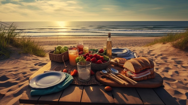 Foto picnic sulla spiaggia e barbecue sullo sfondo