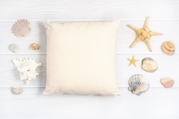 Beach pillow mockup summer farmhouse style starfish and seashell