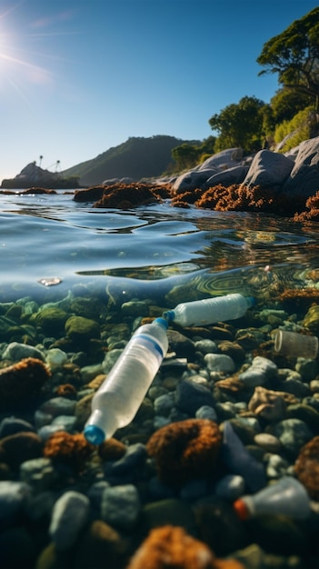 Beach pollution depicted with plastic bottles and trash littering the shoreline Vertical Mobile Wall