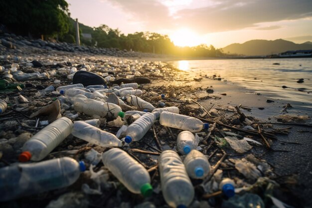 Photo beach pollution plastic bottles and other trash on river