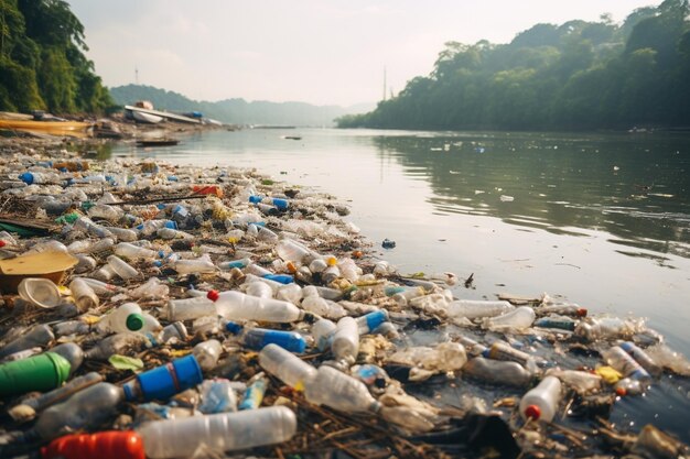 Beach pollution plastic bottles and other trash on river