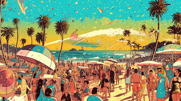 Beach In Pop Art Style Depicting A Lively Background