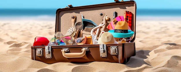 Beach Preparation Accessories In Suitcase On Sand Generative AI