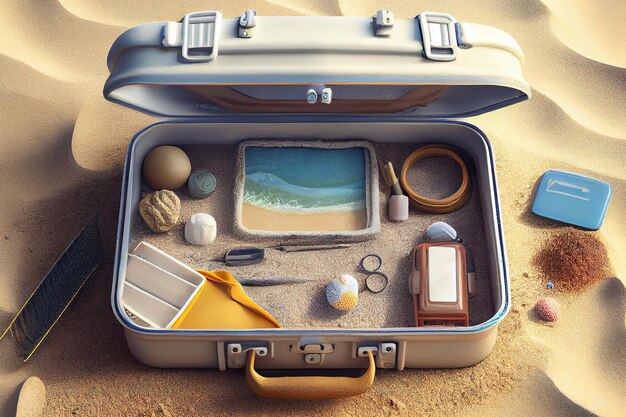 Beach Preparation Accessories In Suitcase On Sand Generative Ai