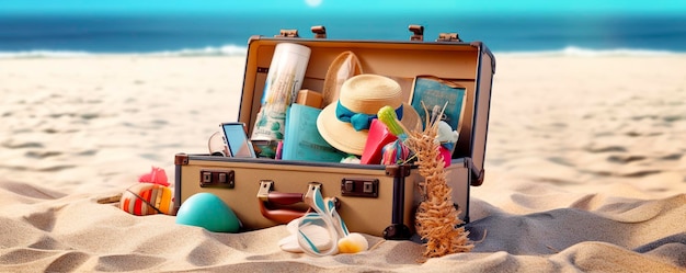 Beach Preparation Accessories In Suitcase On Sand Generative AI