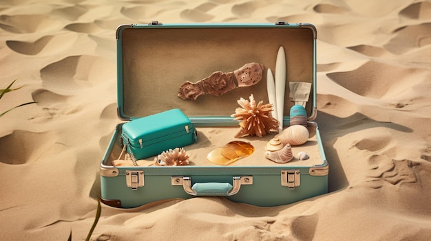 Beach preparation accessories in suitcase on sand