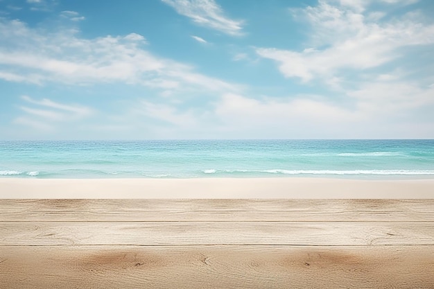 Foto sfondio del prodotto sulla spiaggia con bancone in legno per la presentazione del prodotto